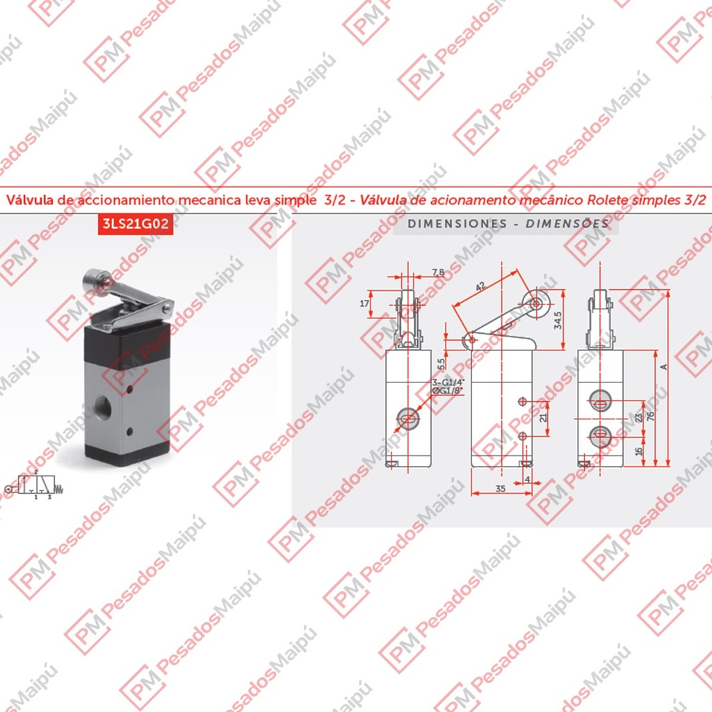 [20186] VALVULA ACCIONAMIENTO POR RODILLO 3/2 X 1/4` (3LS21G02)